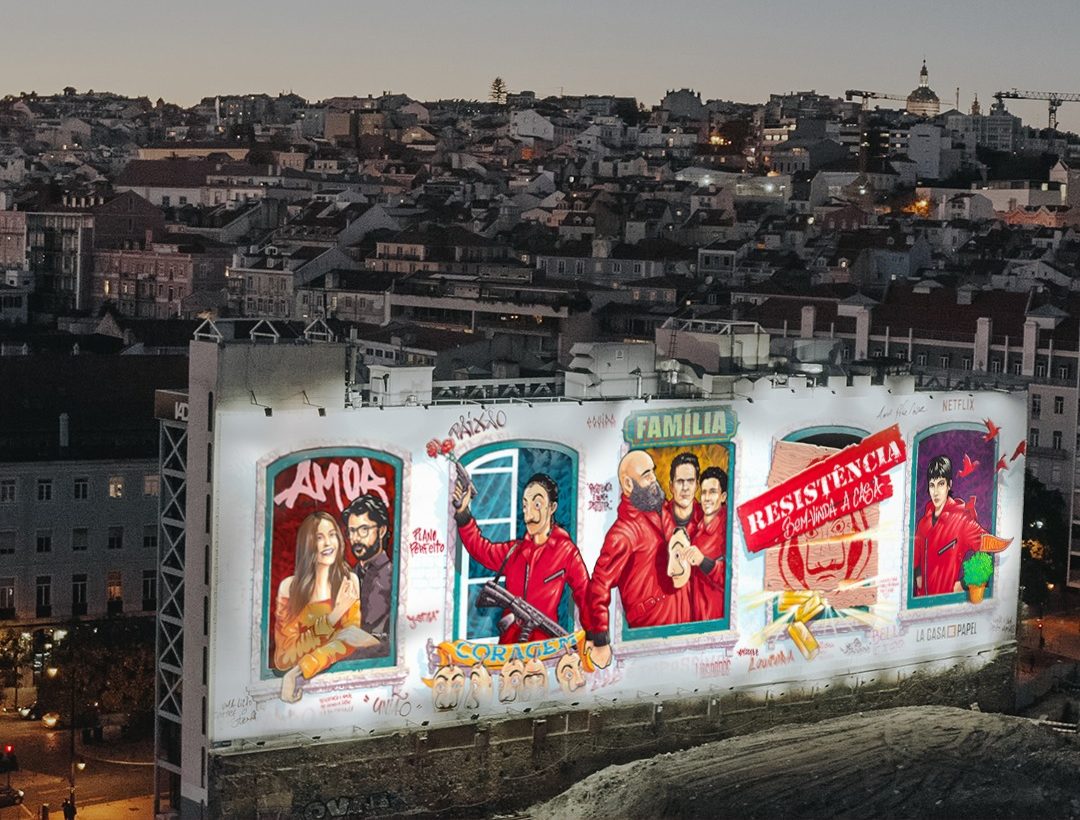 A detailed dusk perspective of the collaborative multi-panel public mural by Gonçalo MAR, Mário Belém, and RAM, showcasing iconic characters and themes from Money Heist integrated into the city facade, curated and produced by Because Art Matters.