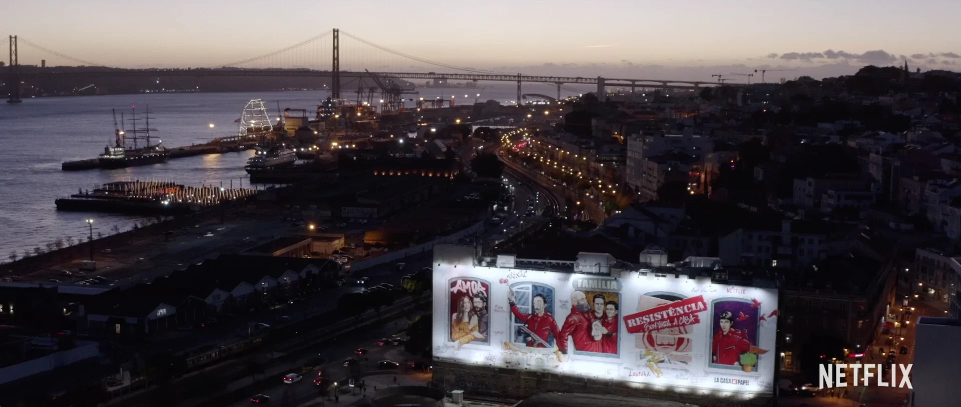 project banner for the official large-scale urban art and promotional mural campaign produced for the Netflix series La Casa de Papel in Lisbon by because art matters. Link to project.