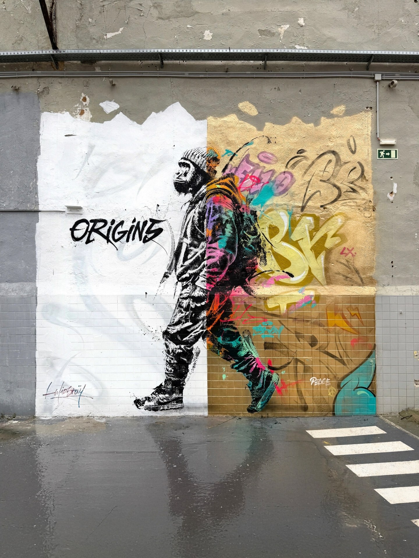 The completed "The Origins" contemporary art mural by Helio Bray for the Walls That Matter project, curated and produced by Because Art Matters gallery in Marvila, Lisbon.