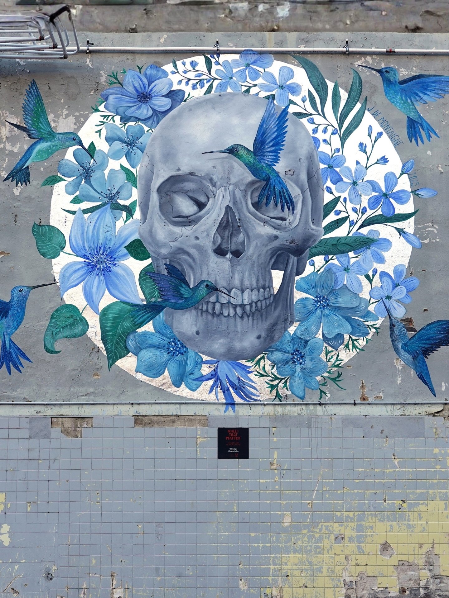 The completed "CAVEIRA XXVII" fine-art street mural by Jacqueline de Montaigne for the Walls That Matter project, curated and produced by Because Art Matters gallery in Marvila, Lisbon.