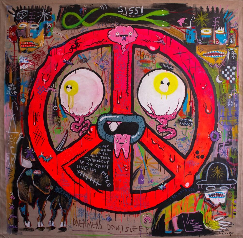 Completed 'Rest in Pizza' painting on canvas by Binau and Fiumani, created during a live painting session at Envisionary Art Gallery, Boom Festival 2022.