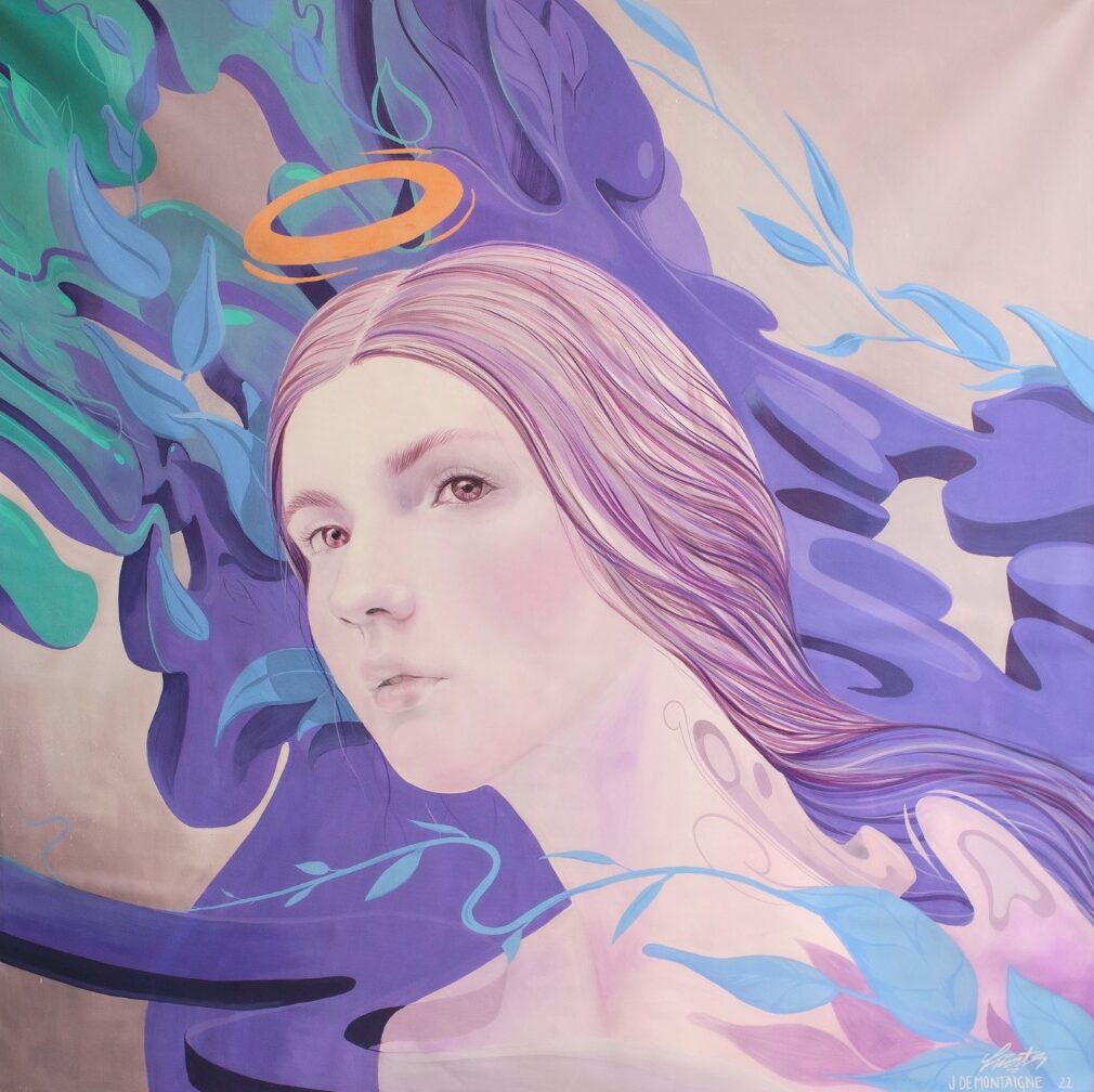 Completed 'Back to Nature' painting on canvas by Jacqueline de Montaigne and Fat Heat, created during a live painting session at Envisionary Art Gallery, Boom Festival 2022.