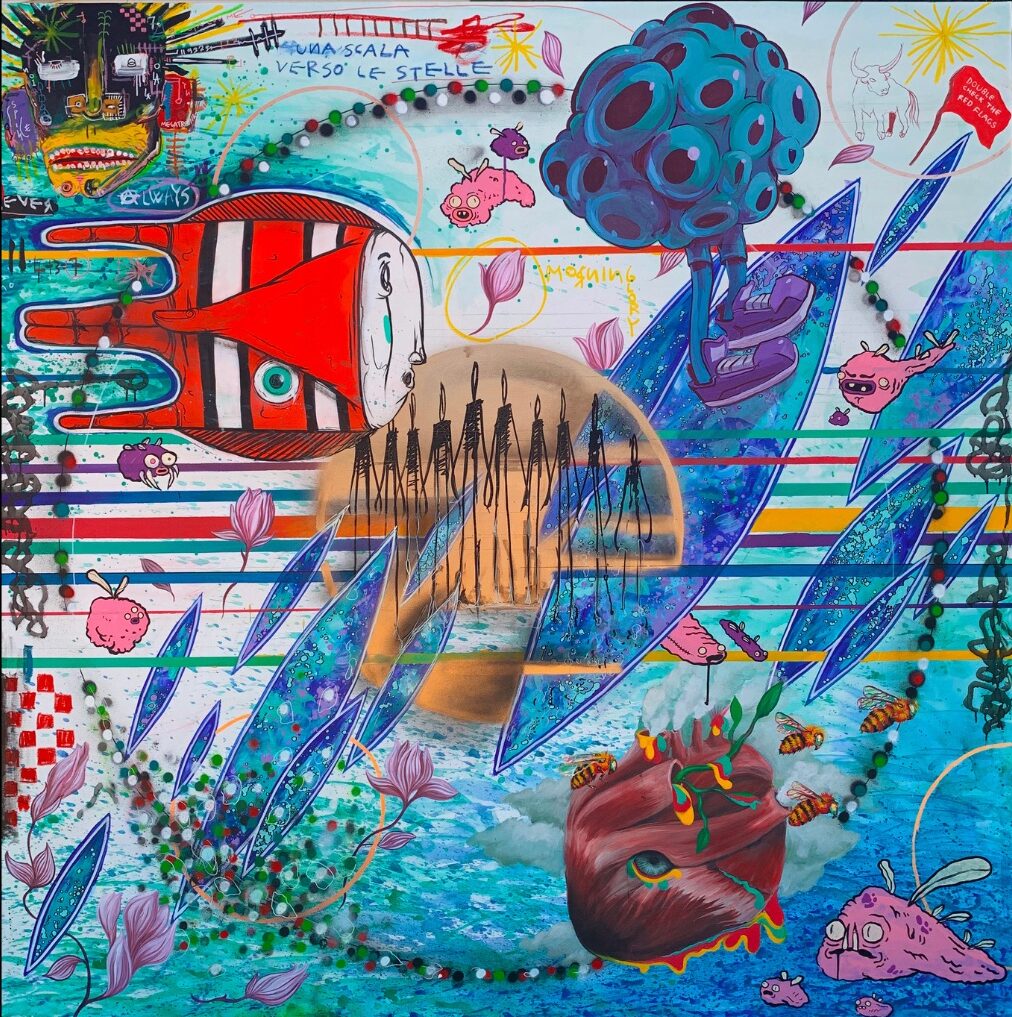 Completed 'All Crew' painting on canvas by all invited artists, created during a live painting session at Envisionary Art Gallery, Boom Festival 2022.