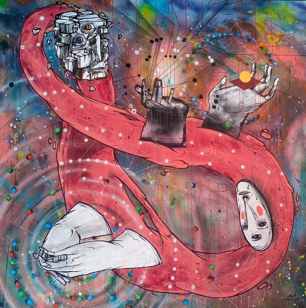 Completed 'Infinite Us' painting on canvas by ARM Collective, created during a live painting session at Envisionary Art Gallery, Boom Festival 2022.