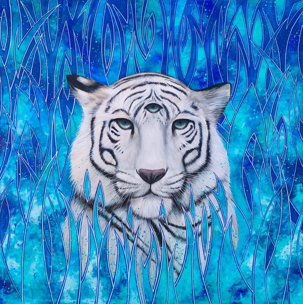 Completed 'Esperança' painting on canvas by Patricia Mariano and Lex zooz, created during a live painting session at Envisionary Art Gallery, Boom Festival 2022.