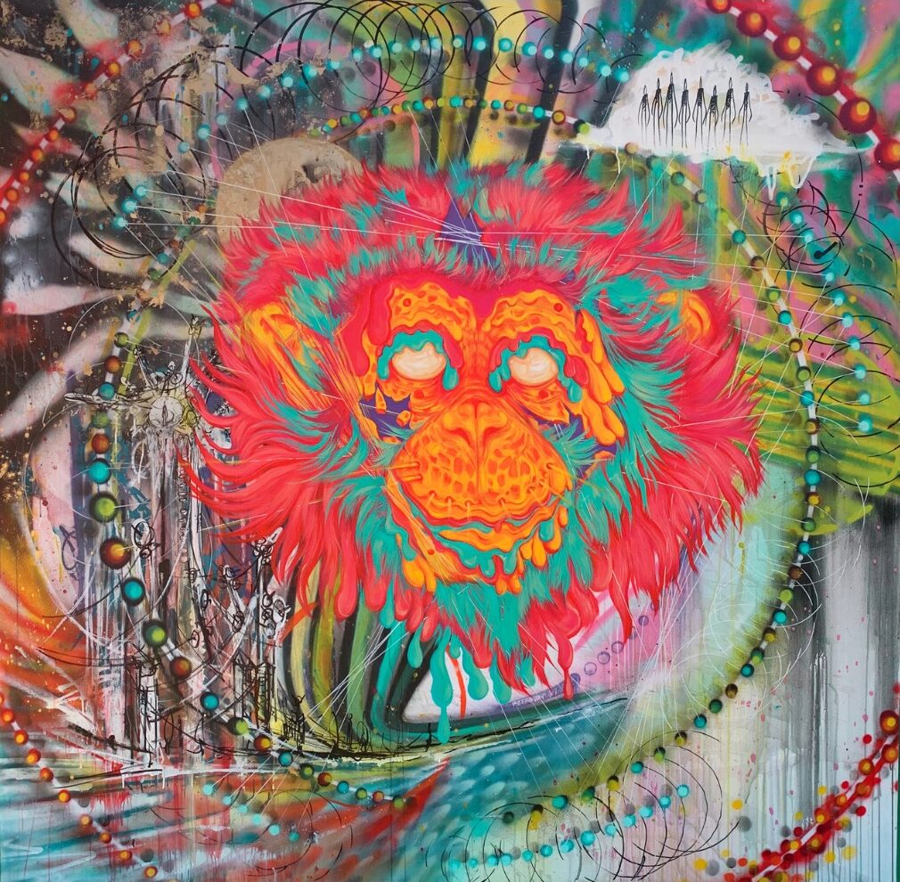 Completed 'We today' painting on canvas by Ram and Rita Ravasco, created during a live painting session at Envisionary Art Gallery, Boom Festival 2022.