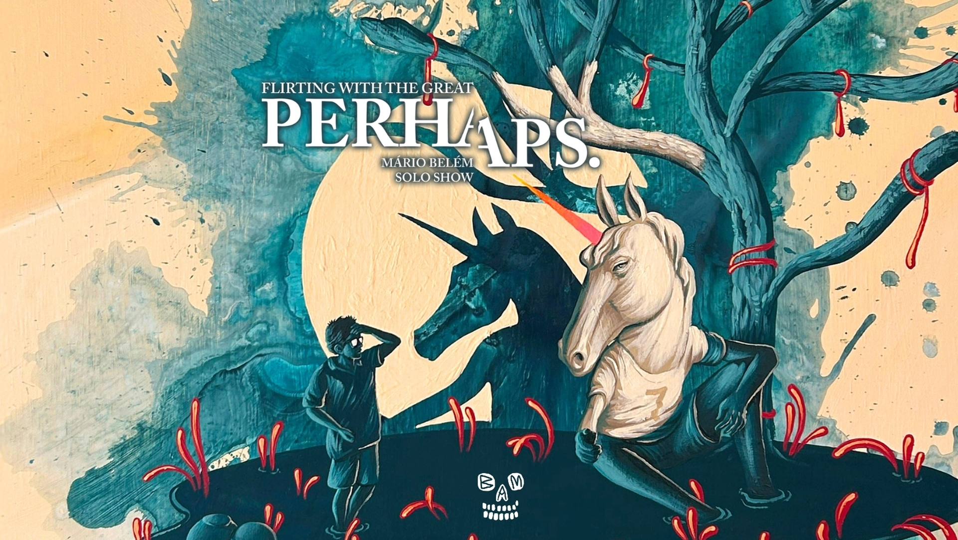 Official promotional banner for the Flirting With The great Perhaps solo exhibition by Mário Belém at Because Art Matters gallery.